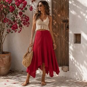 Larry Levine Linen Blend Skirt Womens 10 Red Handkerchief Hem Midi Boho